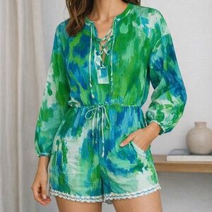 Hemant & Nandita Linen Cotton Printed Romper Green Blue Size S